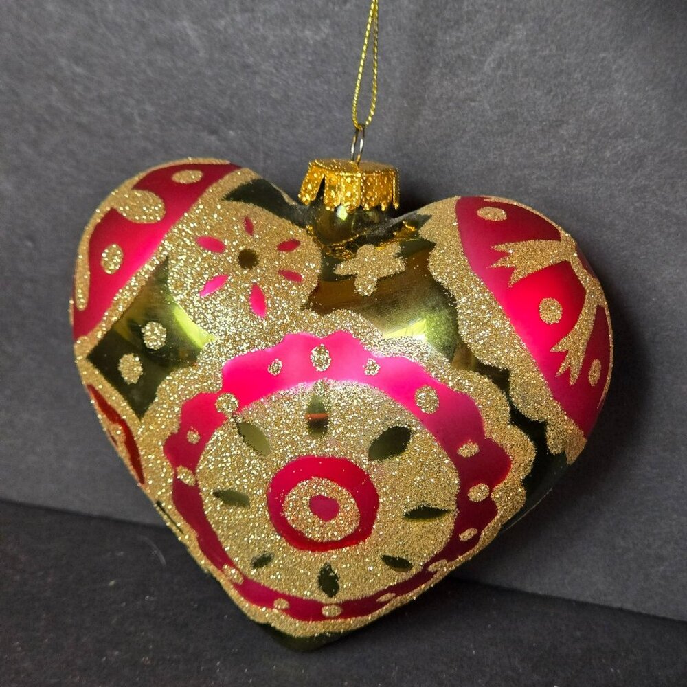Vintage Red And Gold Glitter Heart Ornament Hand Decorated 5 Inch Christmas